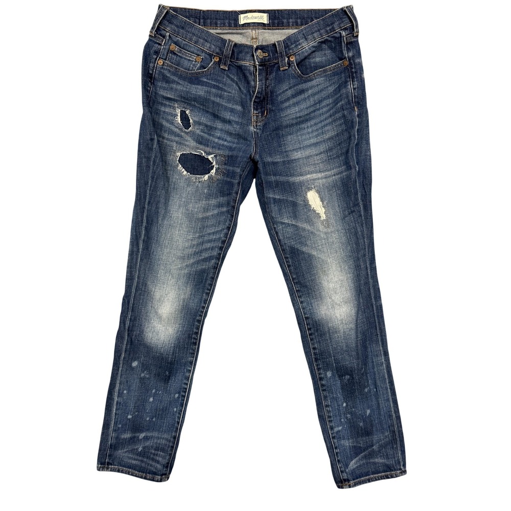 Madewell Jeans Womens 28 Blue Mid Rise Skinny Distressed Paint Splatter Stretch